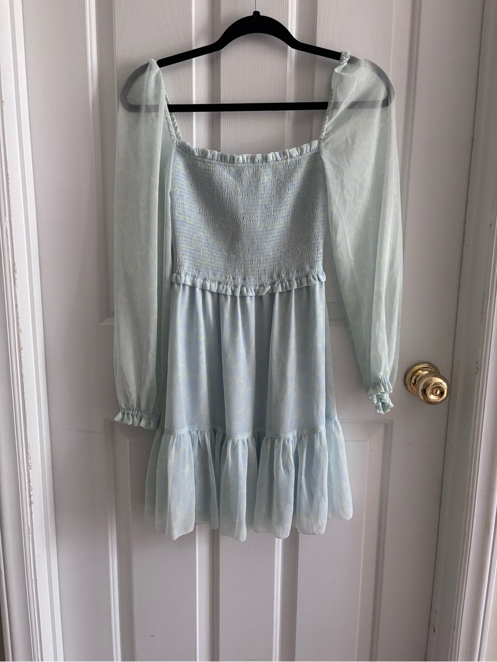 Wilfred Light Blue Smocked Long Sleeve Mini Dress 2XS